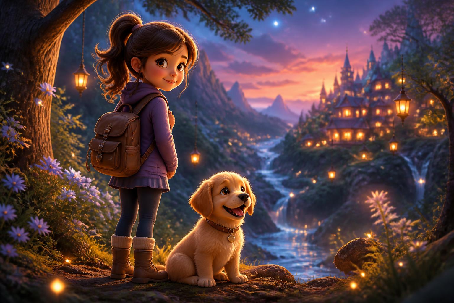 A young adventurer and her golden puppy at the edge of a glowing forest