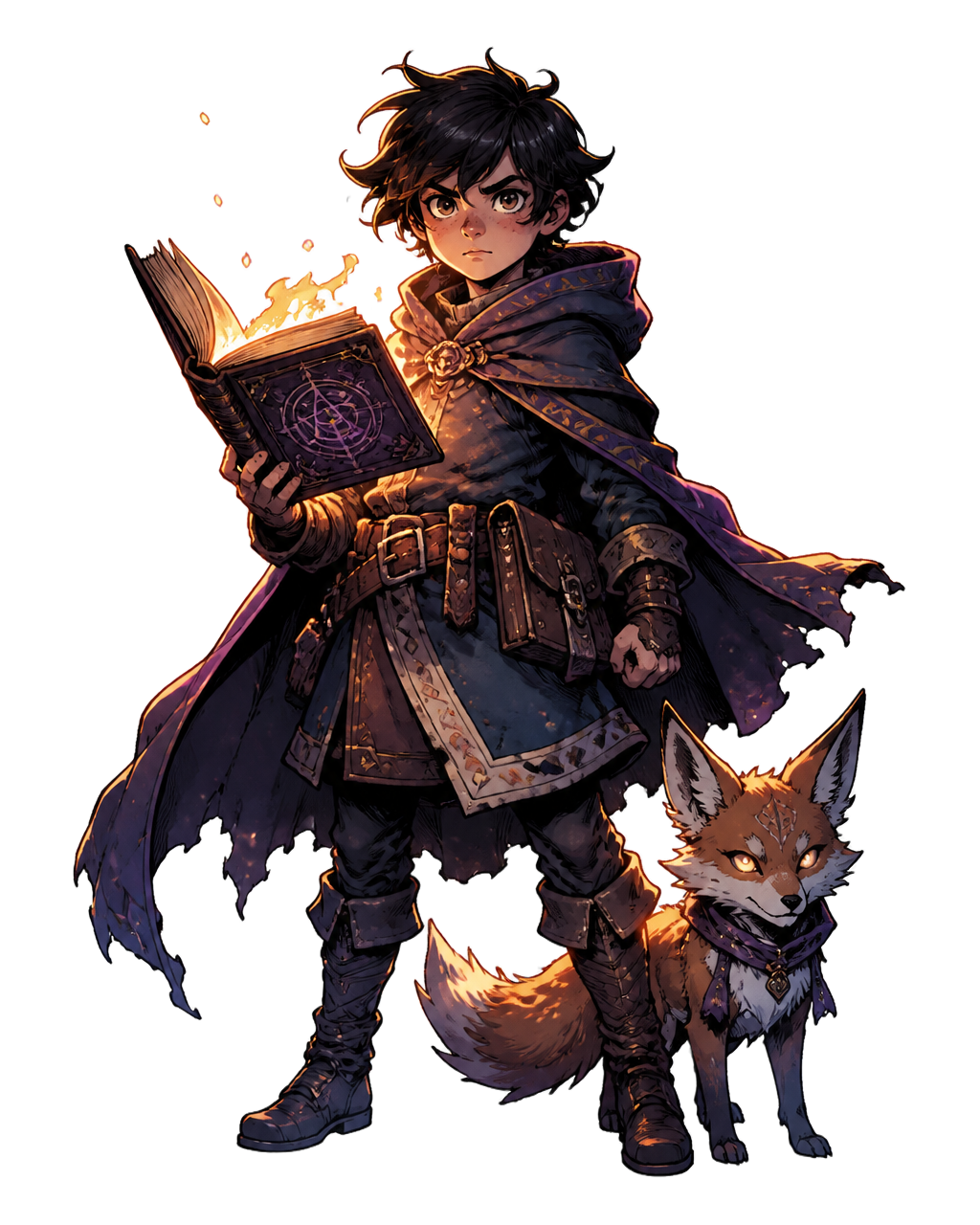 A brave child holding a glowing, magical book alongside a mystical fox companion